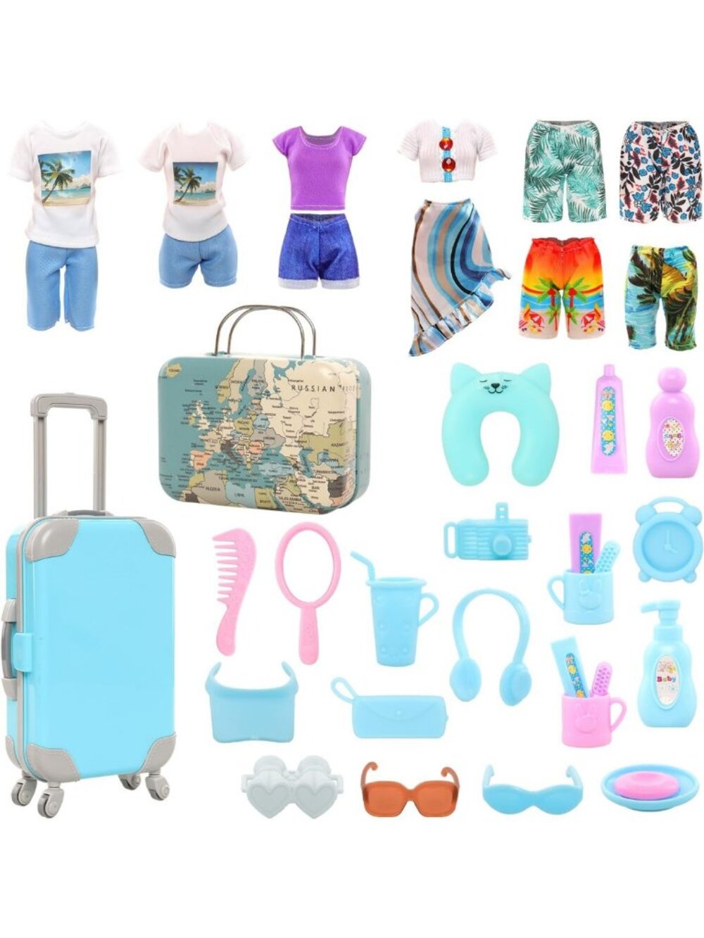 28 Pcs Doll Travel Playset with Clothes, Accessories & Suitcase for 11.5" Dolls